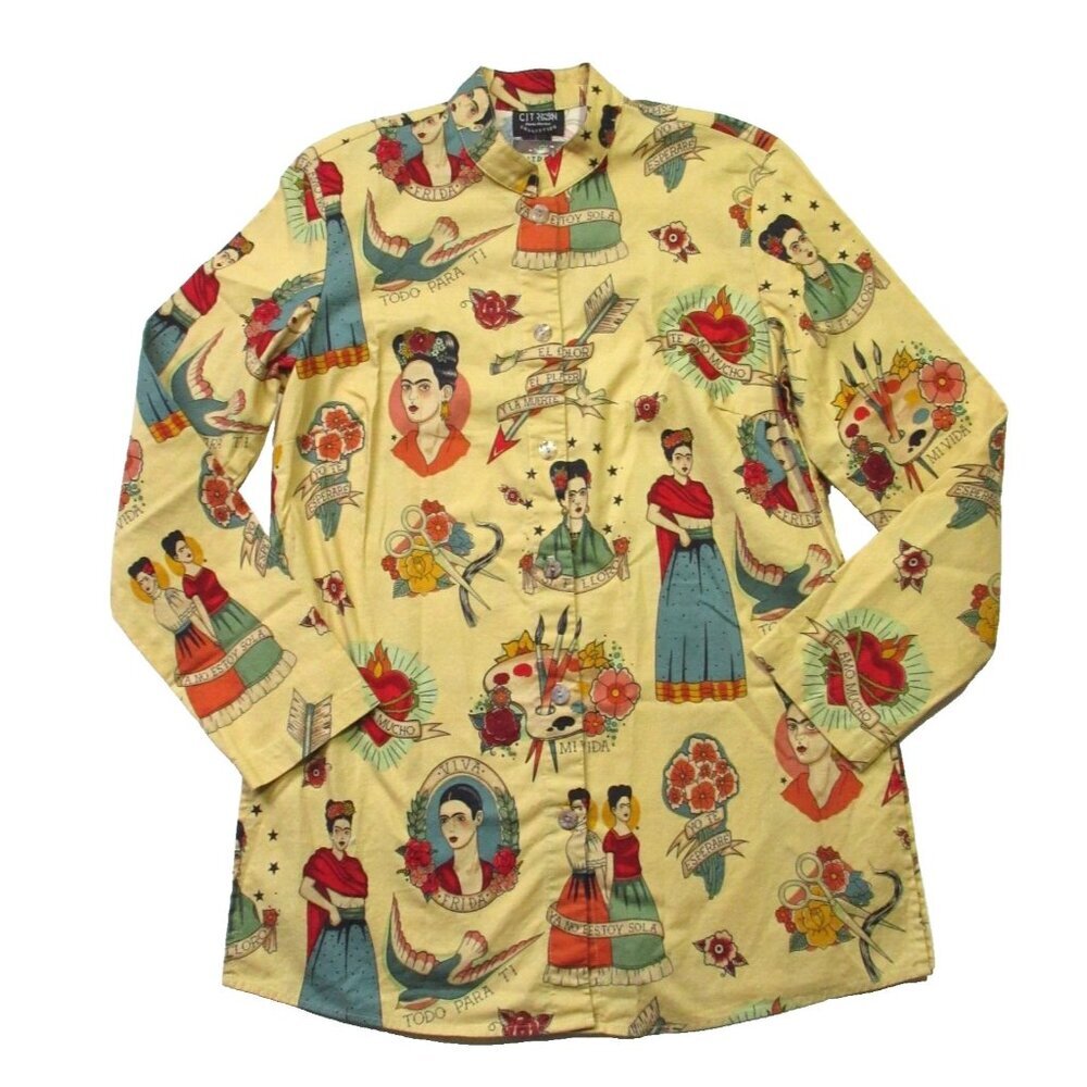 NWT Citron Santa Monica Button Down in Yellow Frida Kahlo Flash Art Shirt S